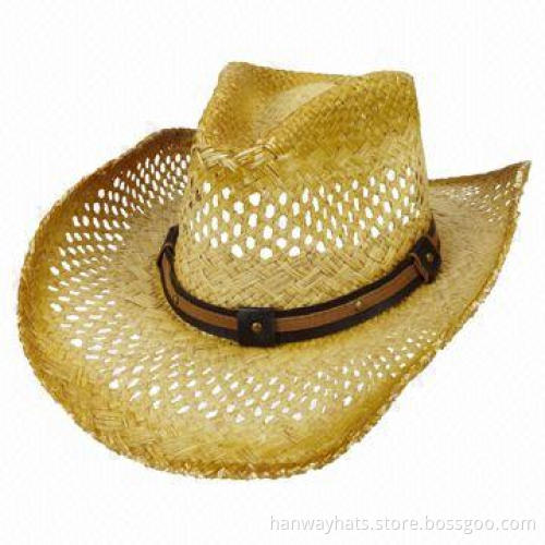 Leather Band Cowboy Hat, Handwoven Raffia Straw Cowboy Hat